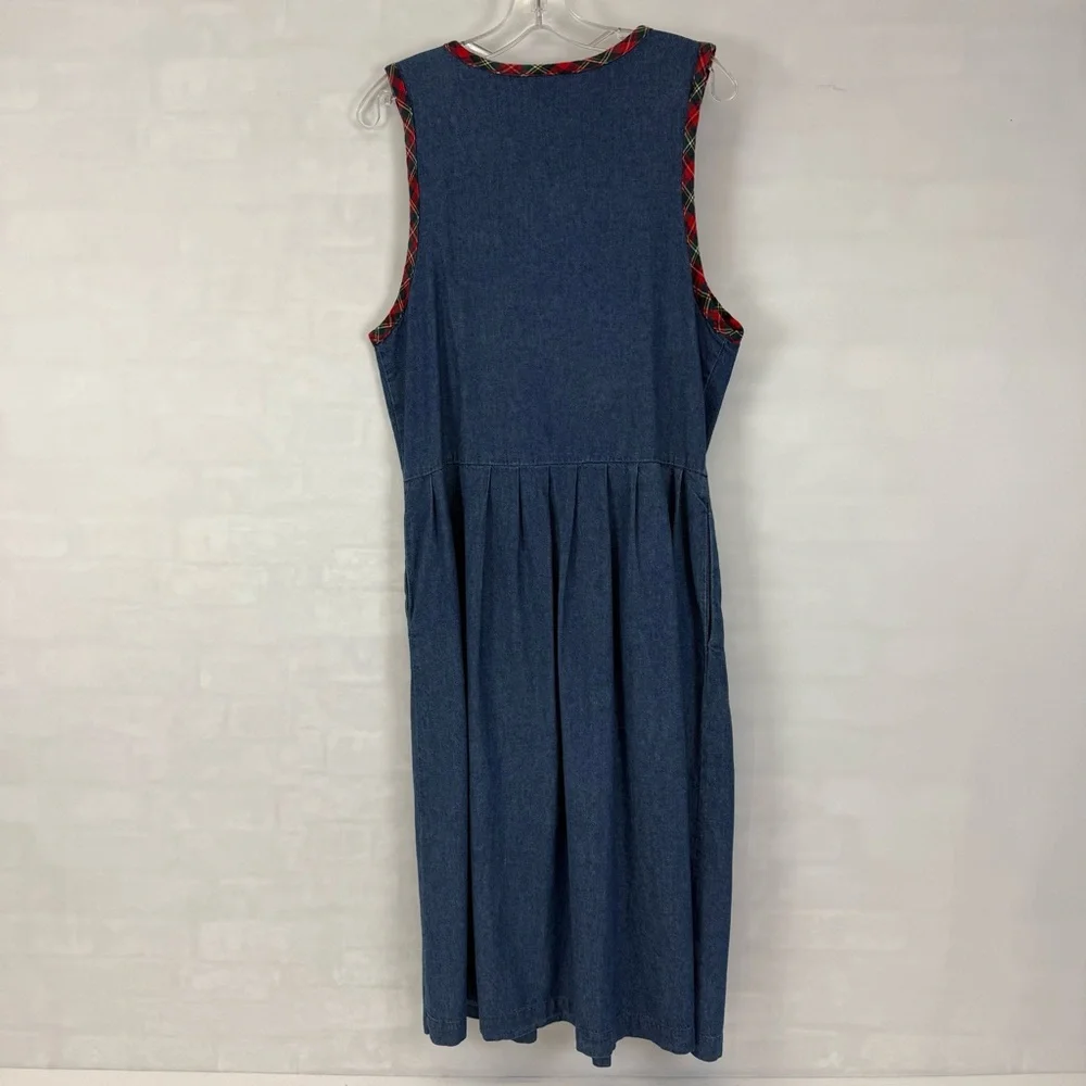 Vintage Talbots Petites Denim Jumper Dress 10P‎ Sleeveless Plaid Trim Buttons